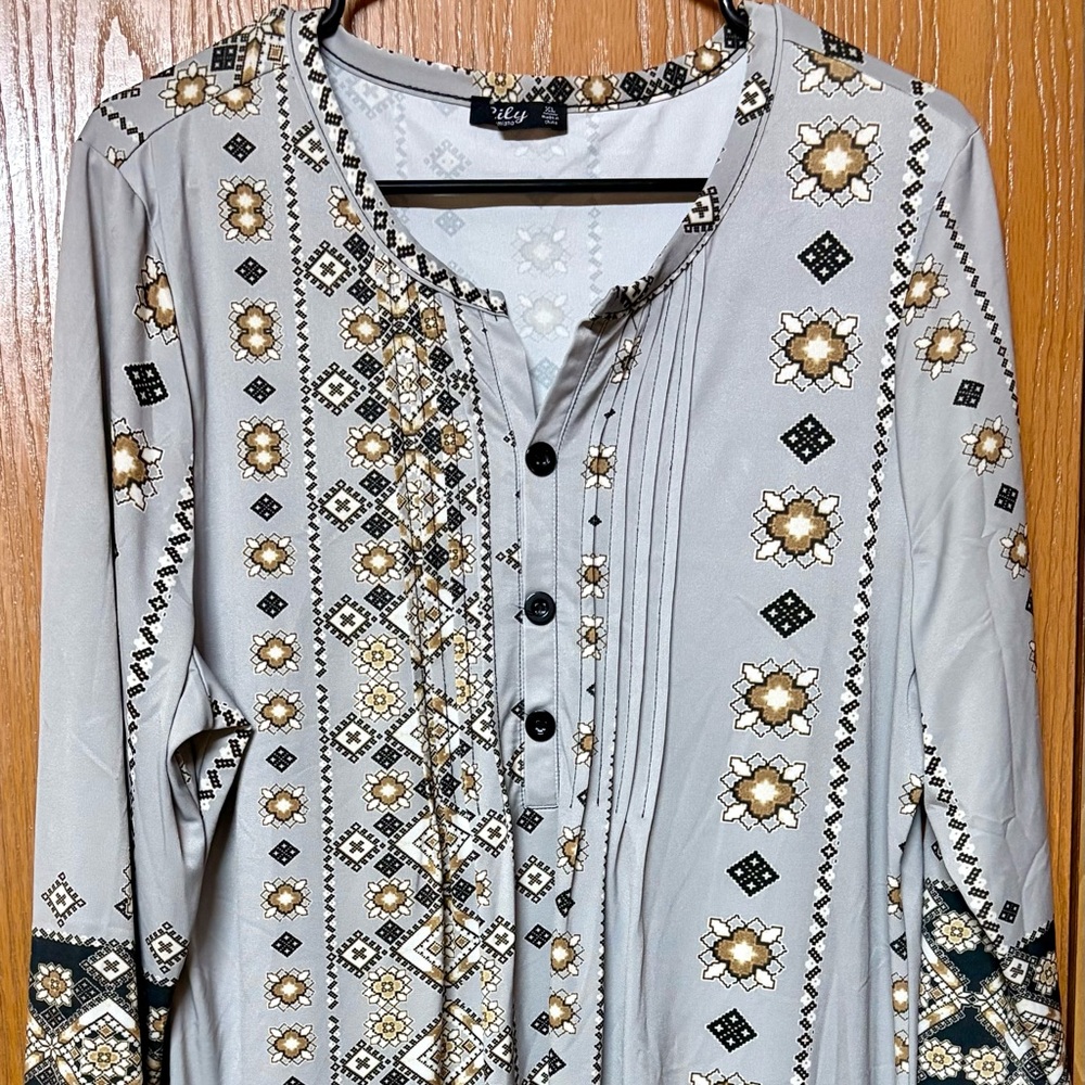 Lily Gray and Black Casual Button Down Shirt with Geometric Patterns
